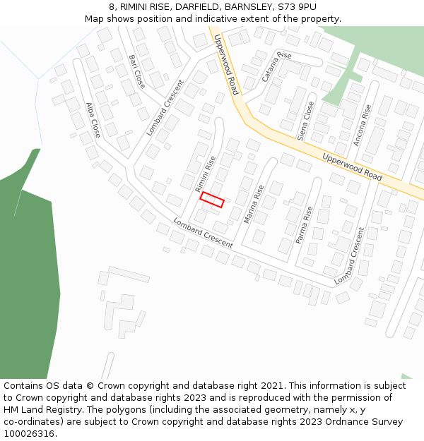 8, RIMINI RISE, DARFIELD, BARNSLEY, S73 9PU: Location map and indicative extent of plot