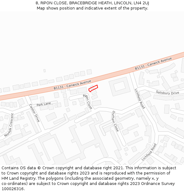 8, RIPON CLOSE, BRACEBRIDGE HEATH, LINCOLN, LN4 2UJ: Location map and indicative extent of plot