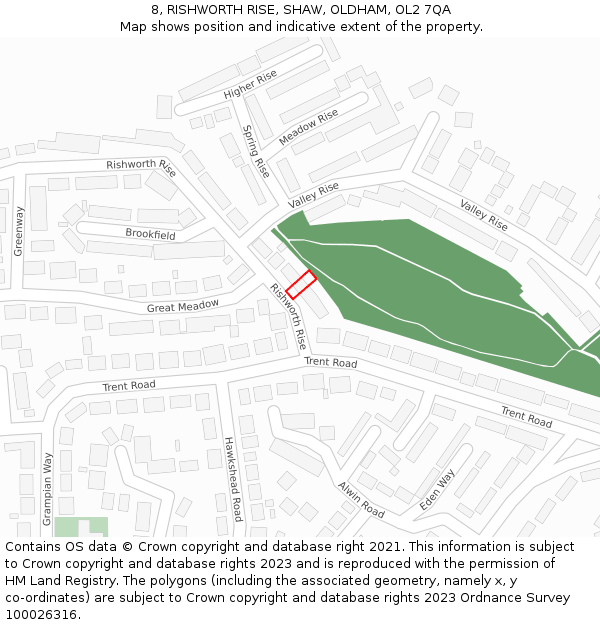 8, RISHWORTH RISE, SHAW, OLDHAM, OL2 7QA: Location map and indicative extent of plot