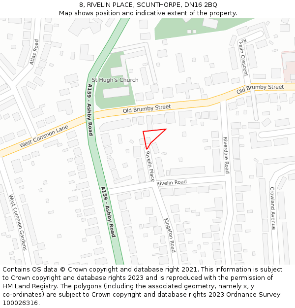 8, RIVELIN PLACE, SCUNTHORPE, DN16 2BQ: Location map and indicative extent of plot