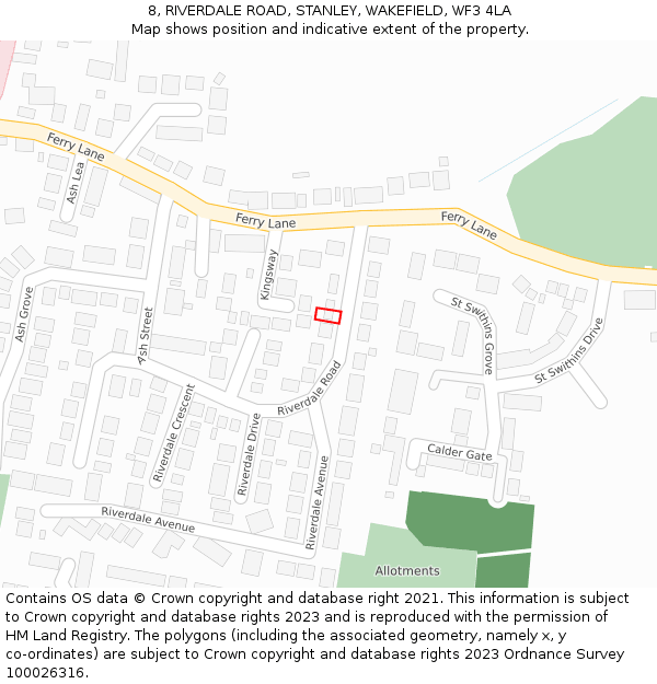 8, RIVERDALE ROAD, STANLEY, WAKEFIELD, WF3 4LA: Location map and indicative extent of plot