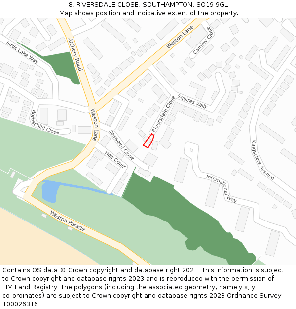 8, RIVERSDALE CLOSE, SOUTHAMPTON, SO19 9GL: Location map and indicative extent of plot