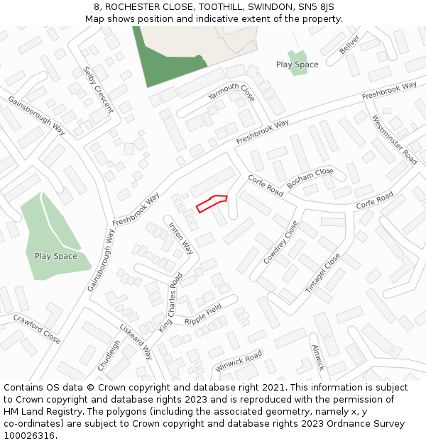 8, ROCHESTER CLOSE, TOOTHILL, SWINDON, SN5 8JS: Location map and indicative extent of plot