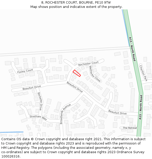 8, ROCHESTER COURT, BOURNE, PE10 9TW: Location map and indicative extent of plot