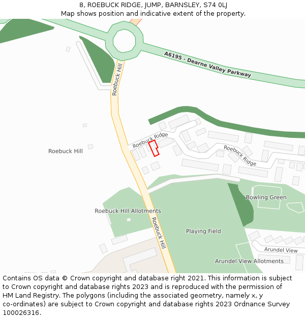 8, ROEBUCK RIDGE, JUMP, BARNSLEY, S74 0LJ: Location map and indicative extent of plot