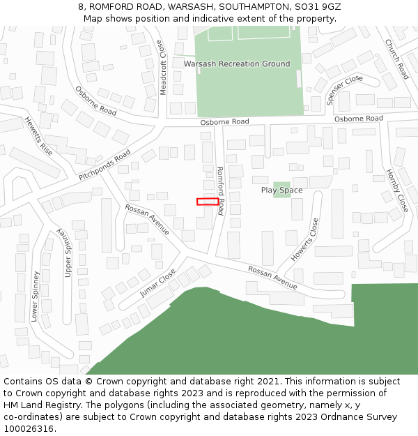 8, ROMFORD ROAD, WARSASH, SOUTHAMPTON, SO31 9GZ: Location map and indicative extent of plot