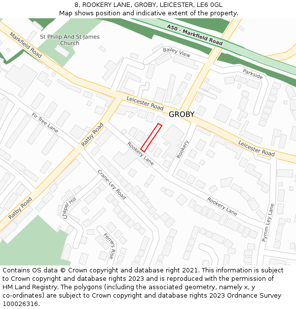 8, ROOKERY LANE, GROBY, LEICESTER, LE6 0GL: Location map and indicative extent of plot