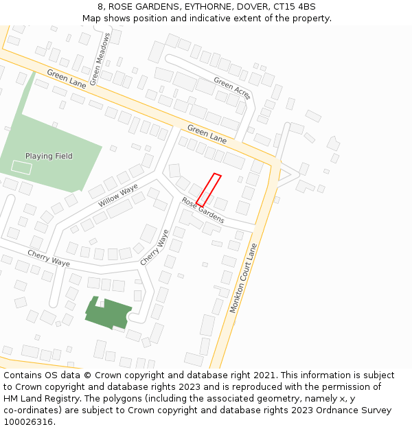 8, ROSE GARDENS, EYTHORNE, DOVER, CT15 4BS: Location map and indicative extent of plot