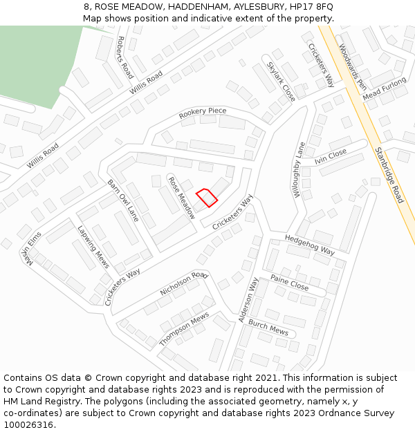8, ROSE MEADOW, HADDENHAM, AYLESBURY, HP17 8FQ: Location map and indicative extent of plot