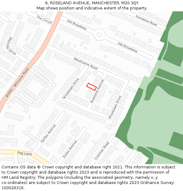 8, ROSELAND AVENUE, MANCHESTER, M20 3QY: Location map and indicative extent of plot