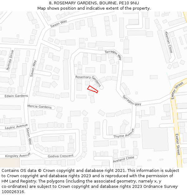 8, ROSEMARY GARDENS, BOURNE, PE10 9NU: Location map and indicative extent of plot