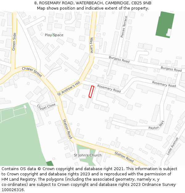 8, ROSEMARY ROAD, WATERBEACH, CAMBRIDGE, CB25 9NB: Location map and indicative extent of plot