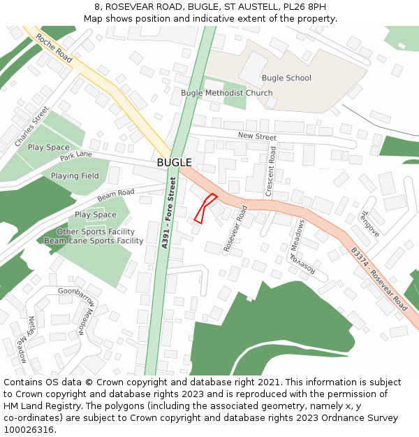 8, ROSEVEAR ROAD, BUGLE, ST AUSTELL, PL26 8PH: Location map and indicative extent of plot