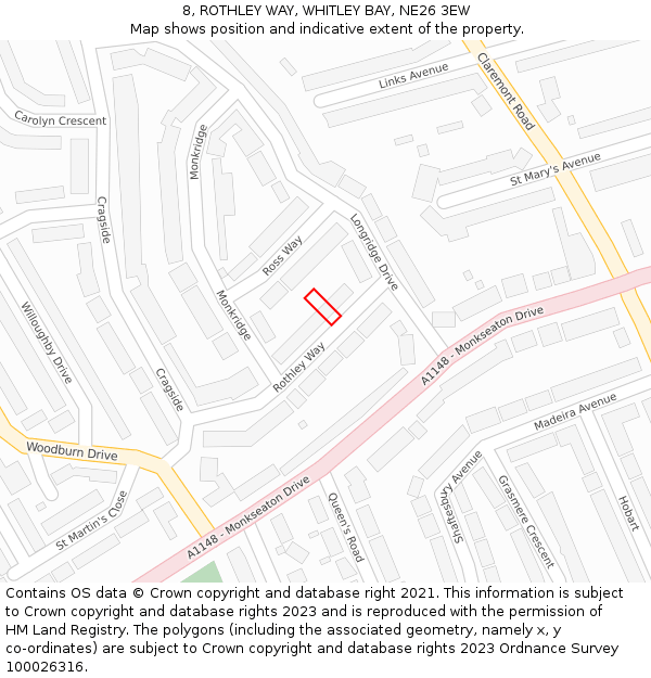 8, ROTHLEY WAY, WHITLEY BAY, NE26 3EW: Location map and indicative extent of plot