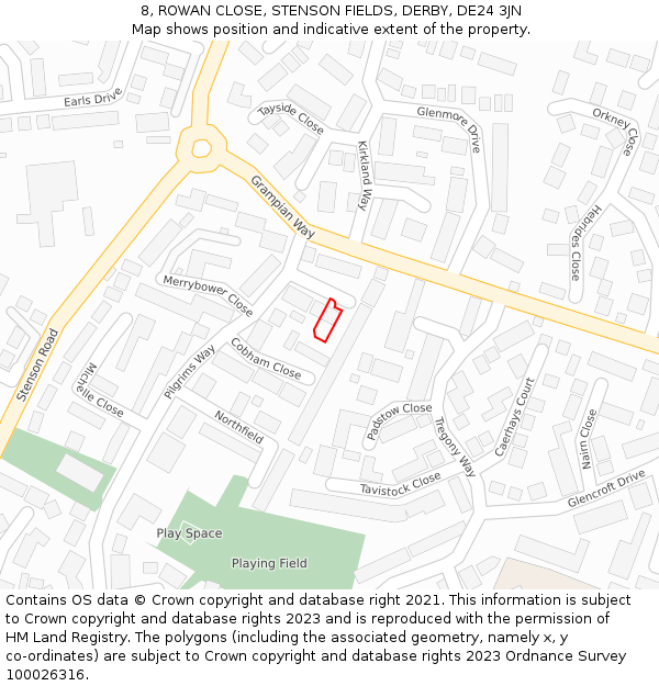 8, ROWAN CLOSE, STENSON FIELDS, DERBY, DE24 3JN: Location map and indicative extent of plot
