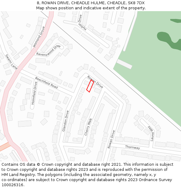 8, ROWAN DRIVE, CHEADLE HULME, CHEADLE, SK8 7DX: Location map and indicative extent of plot