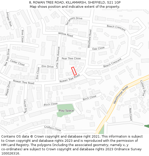 8, ROWAN TREE ROAD, KILLAMARSH, SHEFFIELD, S21 1GP: Location map and indicative extent of plot