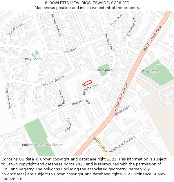 8, ROWLETTS VIEW, BIGGLESWADE, SG18 0FD: Location map and indicative extent of plot