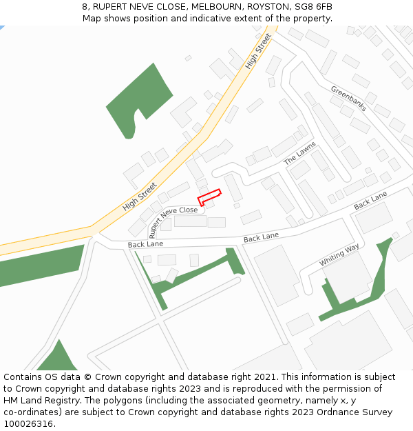 8, RUPERT NEVE CLOSE, MELBOURN, ROYSTON, SG8 6FB: Location map and indicative extent of plot