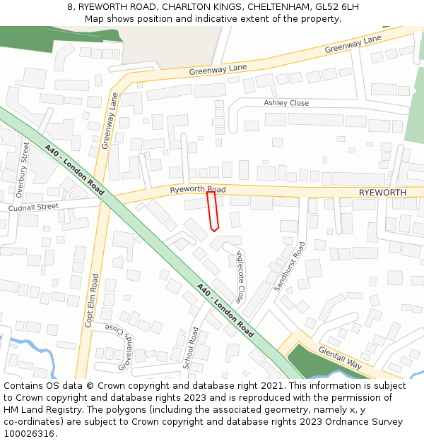 8, RYEWORTH ROAD, CHARLTON KINGS, CHELTENHAM, GL52 6LH: Location map and indicative extent of plot