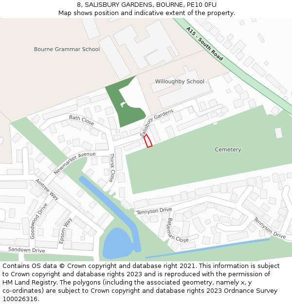 8, SALISBURY GARDENS, BOURNE, PE10 0FU: Location map and indicative extent of plot