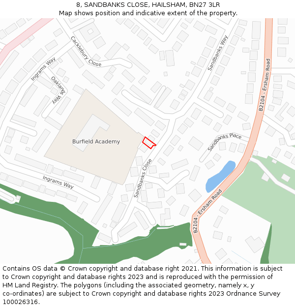 8, SANDBANKS CLOSE, HAILSHAM, BN27 3LR: Location map and indicative extent of plot