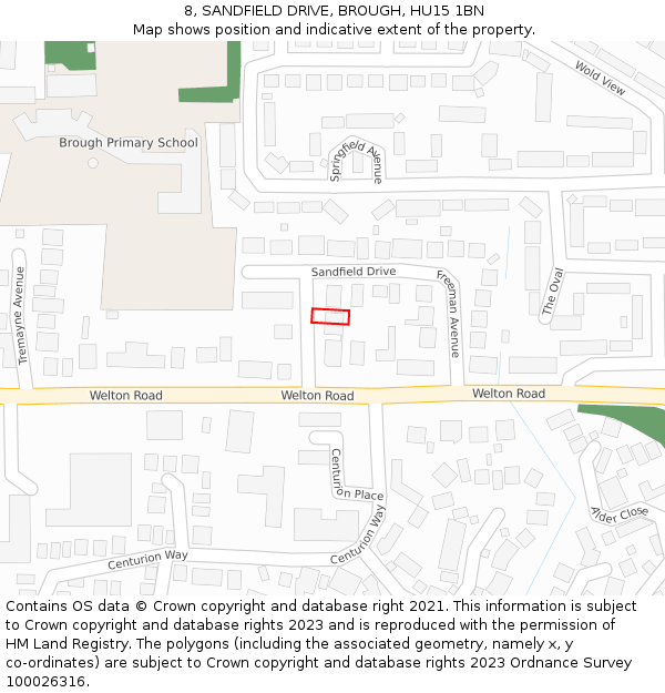 8, SANDFIELD DRIVE, BROUGH, HU15 1BN: Location map and indicative extent of plot