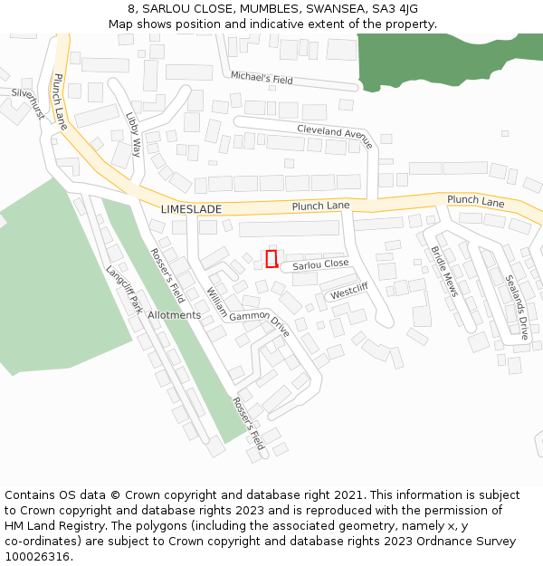 8, SARLOU CLOSE, MUMBLES, SWANSEA, SA3 4JG: Location map and indicative extent of plot