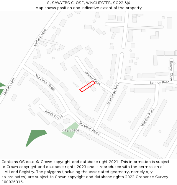 8, SAWYERS CLOSE, WINCHESTER, SO22 5JX: Location map and indicative extent of plot