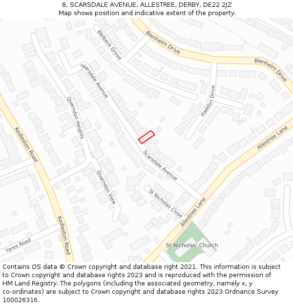 8, SCARSDALE AVENUE, ALLESTREE, DERBY, DE22 2JZ: Location map and indicative extent of plot