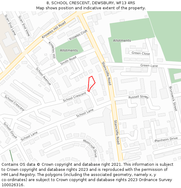 8, SCHOOL CRESCENT, DEWSBURY, WF13 4RS: Location map and indicative extent of plot