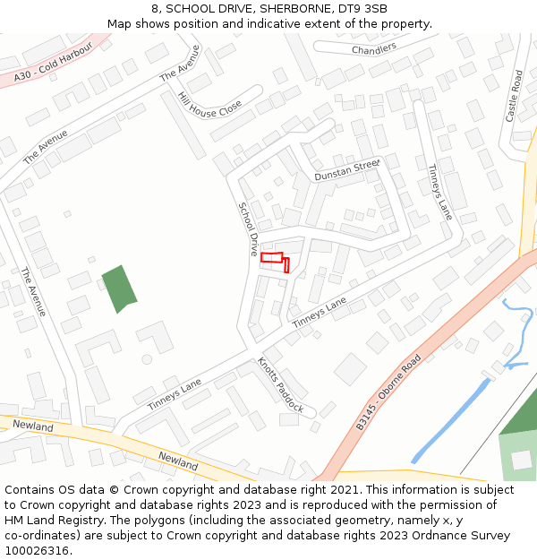 8, SCHOOL DRIVE, SHERBORNE, DT9 3SB: Location map and indicative extent of plot