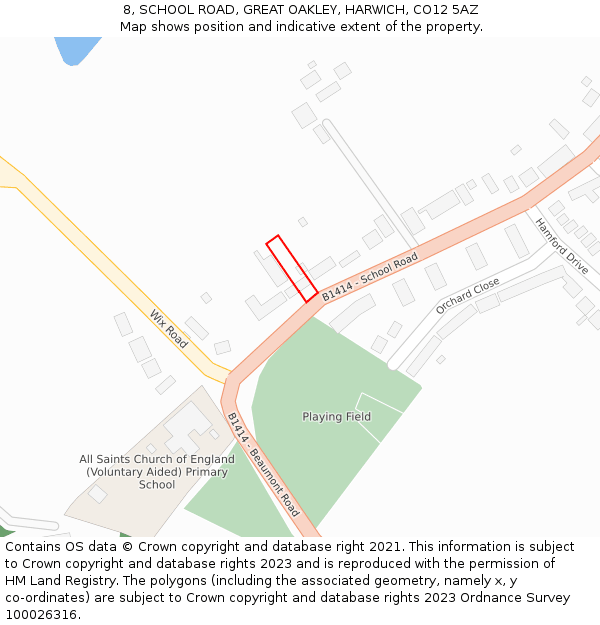 8, SCHOOL ROAD, GREAT OAKLEY, HARWICH, CO12 5AZ: Location map and indicative extent of plot