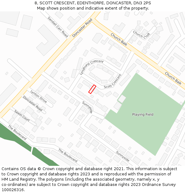 8, SCOTT CRESCENT, EDENTHORPE, DONCASTER, DN3 2PS: Location map and indicative extent of plot
