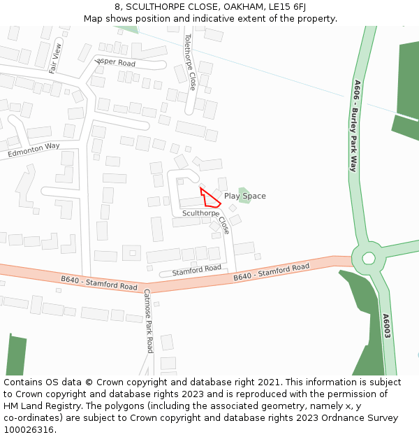 8, SCULTHORPE CLOSE, OAKHAM, LE15 6FJ: Location map and indicative extent of plot