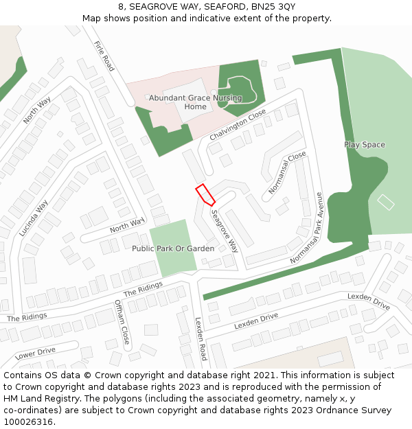 8, SEAGROVE WAY, SEAFORD, BN25 3QY: Location map and indicative extent of plot