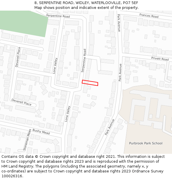 8, SERPENTINE ROAD, WIDLEY, WATERLOOVILLE, PO7 5EF: Location map and indicative extent of plot