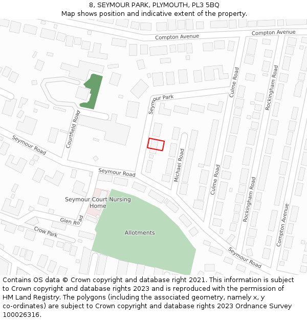 8, SEYMOUR PARK, PLYMOUTH, PL3 5BQ: Location map and indicative extent of plot