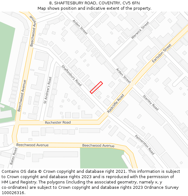 8, SHAFTESBURY ROAD, COVENTRY, CV5 6FN: Location map and indicative extent of plot