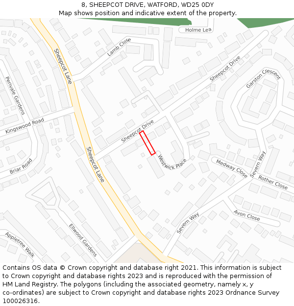8, SHEEPCOT DRIVE, WATFORD, WD25 0DY: Location map and indicative extent of plot