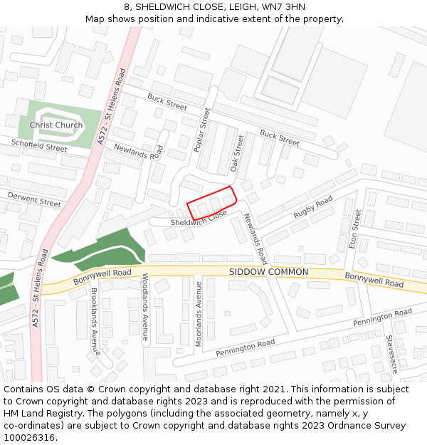 8, SHELDWICH CLOSE, LEIGH, WN7 3HN: Location map and indicative extent of plot