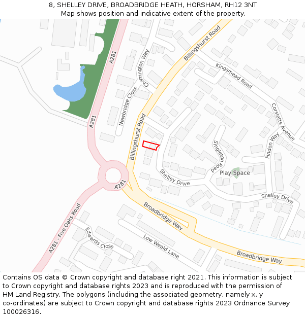 8, SHELLEY DRIVE, BROADBRIDGE HEATH, HORSHAM, RH12 3NT: Location map and indicative extent of plot