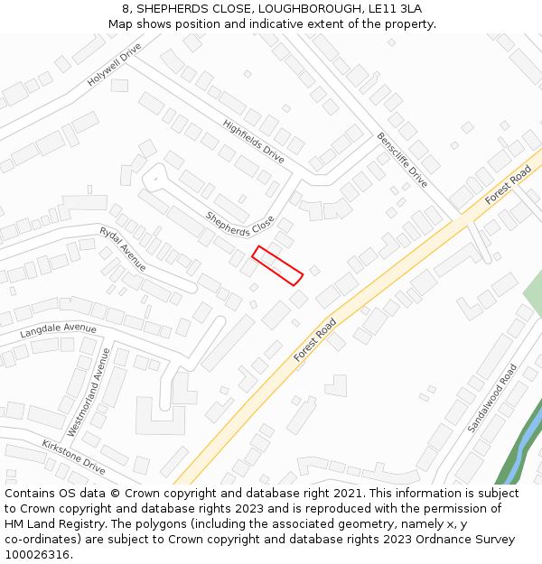 8, SHEPHERDS CLOSE, LOUGHBOROUGH, LE11 3LA: Location map and indicative extent of plot