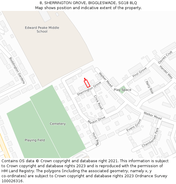 8, SHERRINGTON GROVE, BIGGLESWADE, SG18 8LQ: Location map and indicative extent of plot