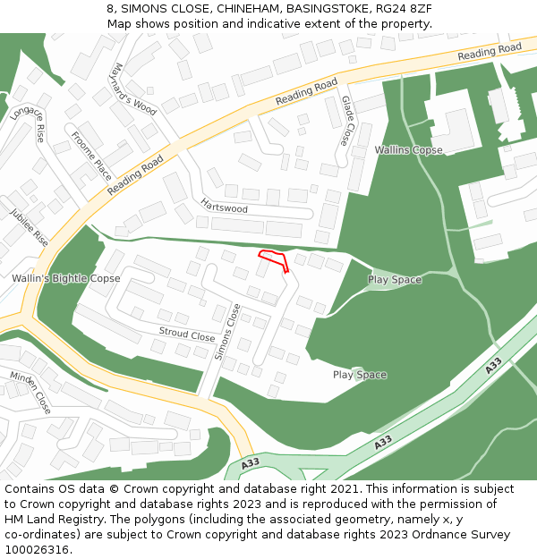 8, SIMONS CLOSE, CHINEHAM, BASINGSTOKE, RG24 8ZF: Location map and indicative extent of plot