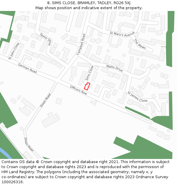 8, SIMS CLOSE, BRAMLEY, TADLEY, RG26 5XJ: Location map and indicative extent of plot