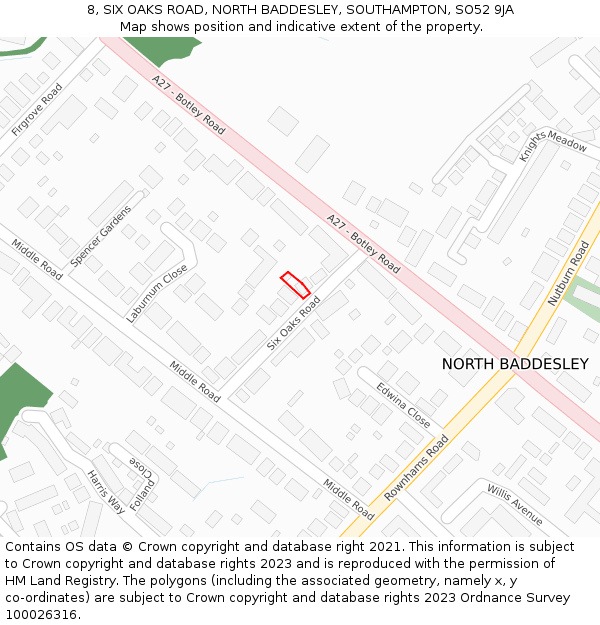 8, SIX OAKS ROAD, NORTH BADDESLEY, SOUTHAMPTON, SO52 9JA: Location map and indicative extent of plot