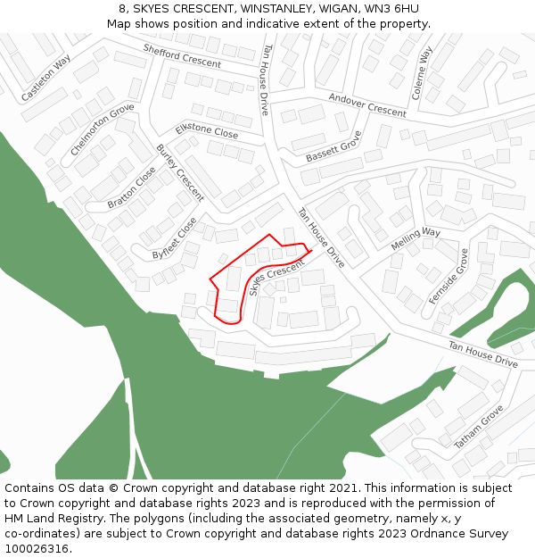 8, SKYES CRESCENT, WINSTANLEY, WIGAN, WN3 6HU: Location map and indicative extent of plot