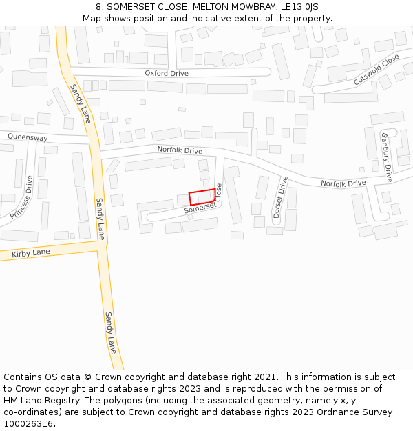 8, SOMERSET CLOSE, MELTON MOWBRAY, LE13 0JS: Location map and indicative extent of plot