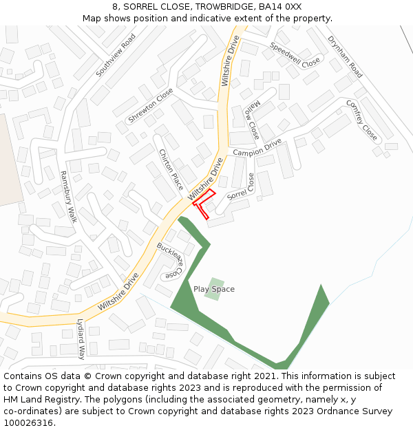 8, SORREL CLOSE, TROWBRIDGE, BA14 0XX: Location map and indicative extent of plot